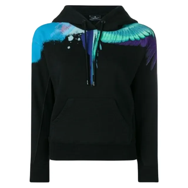 【MARCELO BURLON】女款 羽翼印花 長袖帽T-黑色(XS號、S號)