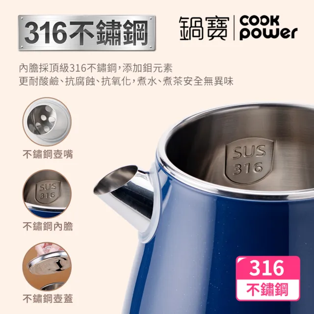 【CookPower 鍋寶】316不鏽鋼雙層防燙快煮壺1.8L-藍(KT-92182B)