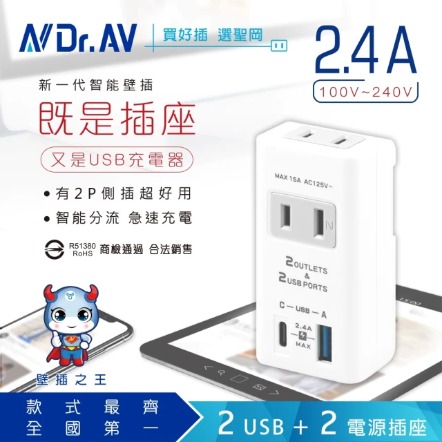 Dr.AV 聖岡科技 2入USB-A+C+2插分接插座、分接器、充電頭、USB 2.4A急速充電（TNT-56U）(USB充電)