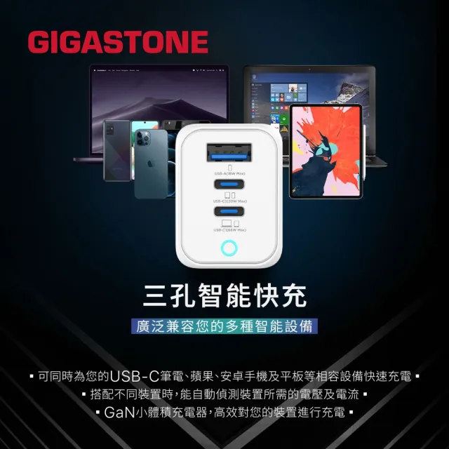 【GIGASTONE 立達】65W GaN氮化鎵三孔USB-C快充充電器PD-7656(支援iPhone16/筆電快充/MacBook充電頭)