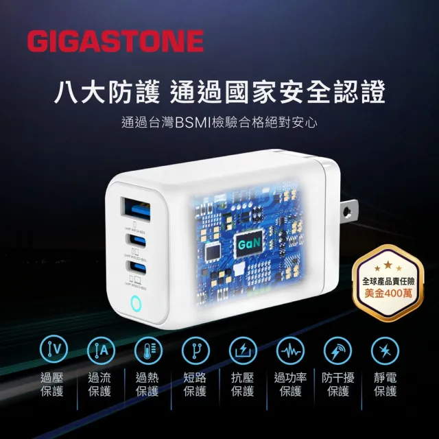 【GIGASTONE 立達】65W GaN氮化鎵三孔USB-C快充充電器PD-7656(支援iPhone16/筆電快充/MacBook充電頭)