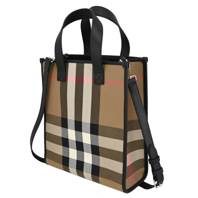 【BURBERRY 巴寶莉】英系經典條紋牛皮拼接手提紙袋造型手提袋兩用包(黑邊)