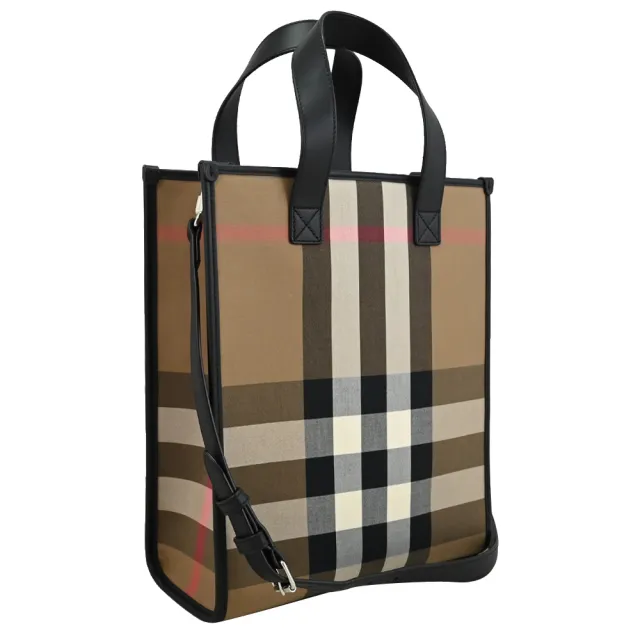 【BURBERRY 巴寶莉】英系經典條紋牛皮拼接手提紙袋造型手提袋兩用包(黑邊)
