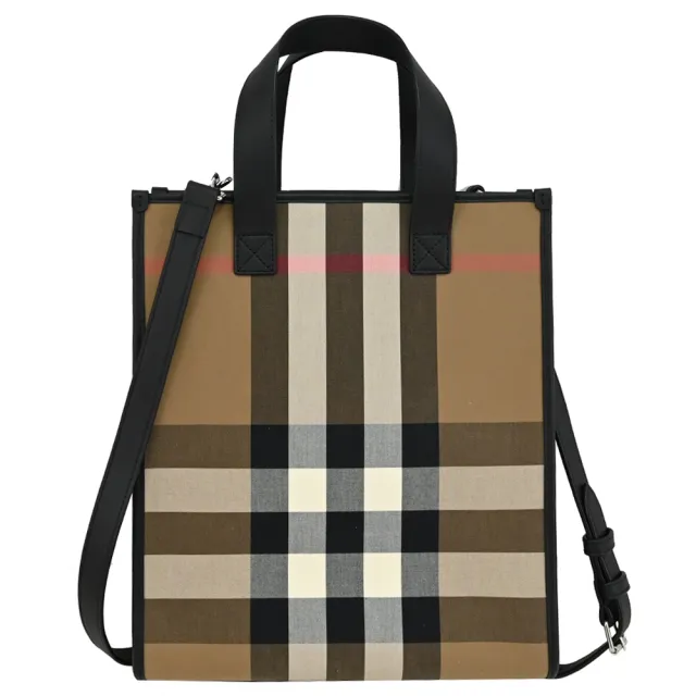 【BURBERRY 巴寶莉】英系經典條紋牛皮拼接手提紙袋造型手提袋兩用包(黑邊)