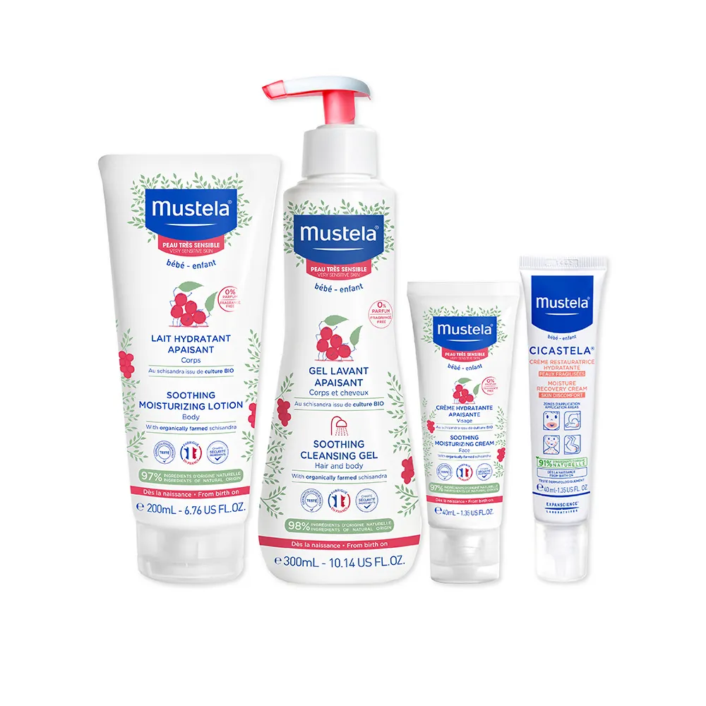 【Mustela 慕之恬廊】舒恬良 敏弱肌修護組(雙潔露300ml+潤身乳200ml+面霜40ml+修護霜40ml 敏感肌無香乳液)