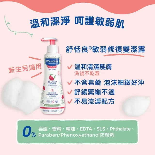 【Mustela 慕之恬廊】舒恬良 敏弱肌修護組(雙潔露300ml+潤身乳200ml+面霜40ml+修護霜40ml 敏感肌無香乳液)