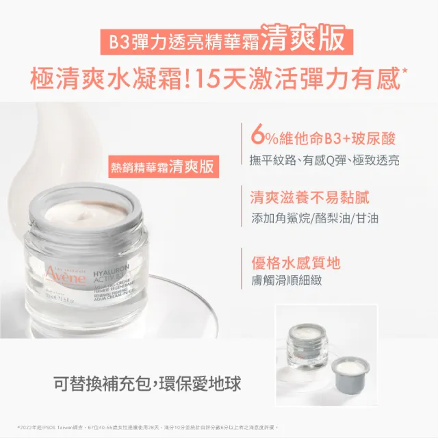 【Avene 雅漾官方直營】B3彈力透亮精華霜50ml(補充蕊)