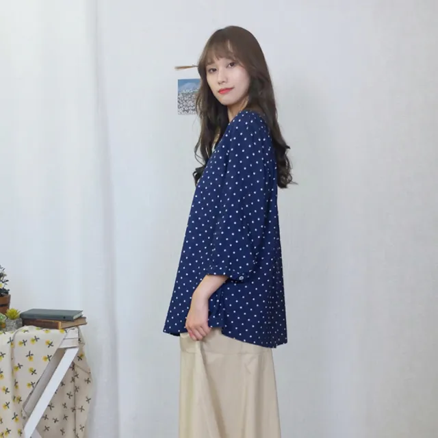 【Hana Mokuba】花木馬日系女裝圓領假兩件七分袖點點上衣(上衣)