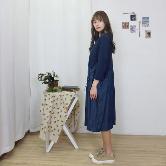 【Hana Mokuba】花木馬日系女裝針梭織拼接抽繩收腰休閒七分袖牛仔洋裝(洋裝)