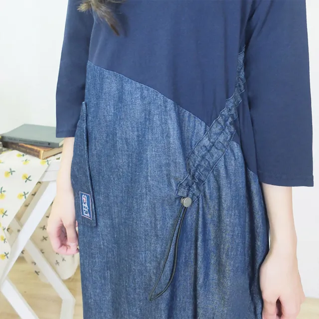 【Hana Mokuba】花木馬日系女裝針梭織拼接抽繩收腰休閒七分袖牛仔洋裝(洋裝)