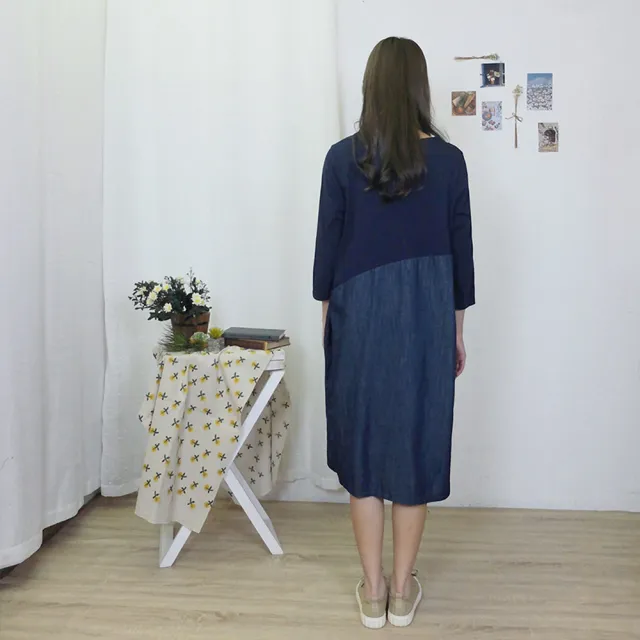 【Hana Mokuba】花木馬日系女裝針梭織拼接抽繩收腰休閒七分袖牛仔洋裝(洋裝)