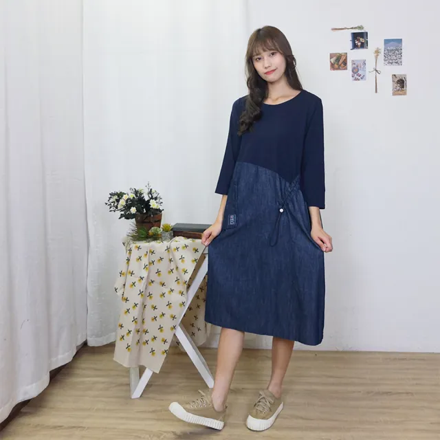 【Hana Mokuba】花木馬日系女裝針梭織拼接抽繩收腰休閒七分袖牛仔洋裝(洋裝)(其他規格)