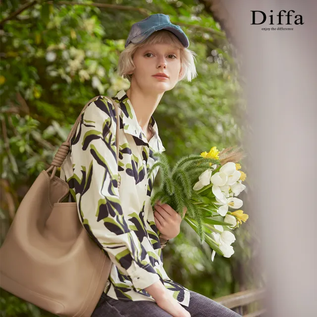 【Diffa】歐風綠葉立領設計上衣-女