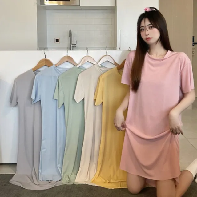 【QIDINA】冰絲涼感寬鬆居家服長裙 (連衣裙 連身裙子睡裙 睡衣女 連身洋裝 長洋裝 涼感衣短袖洋裝)