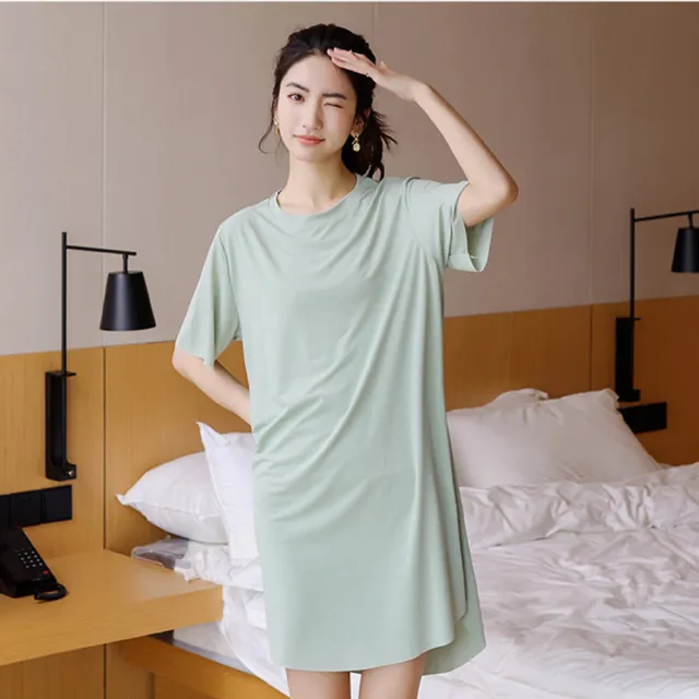 【QIDINA】冰絲涼感寬鬆居家服長裙 (連衣裙 連身裙子睡裙 睡衣女 連身洋裝 長洋裝 涼感衣短袖洋裝)