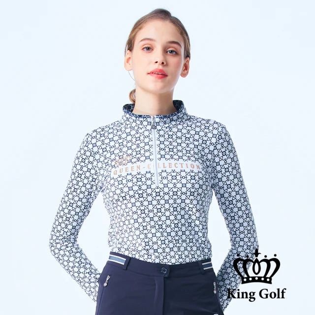 KING GOLF 網路獨家-女款經典幾何鍊條圖立領拉鍊薄款長袖POLO衫/高爾夫球衫(藍色)