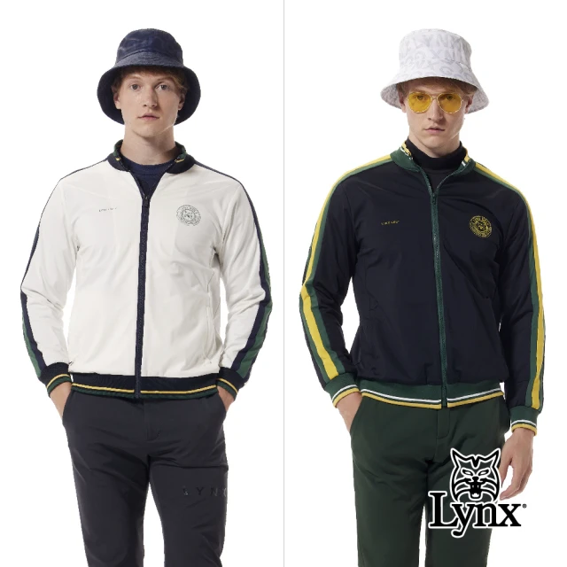 Lynx Golf 首爾高桿風格！男款彈性舒適羅紋配色剪接造型山貓圖騰徽章長袖外套(二色)