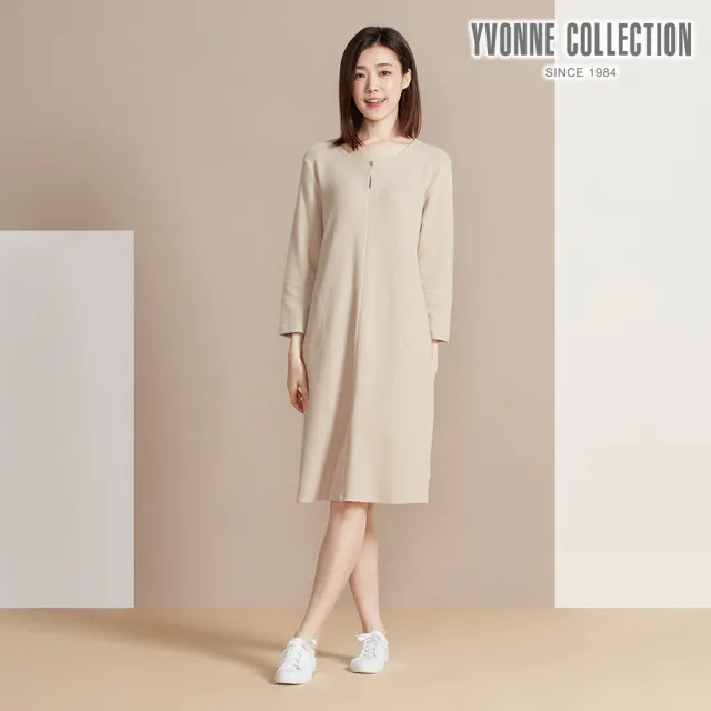 【YVONNE 以旺傢飾】出清品 華夫格開釦長袖洋裝-奶茶棕