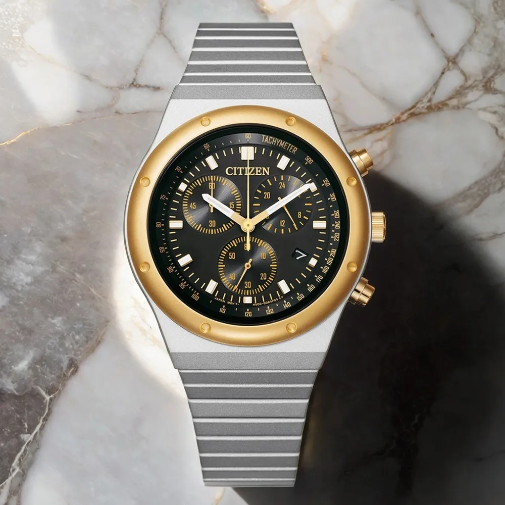 【CITIZEN 星辰】昭和金限定款 限量光動能三眼計時手錶 中性錶 38mm 母親節 禮物 男錶(AT2544-64E)
