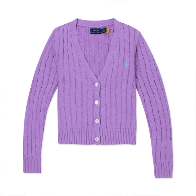 【RALPH LAUREN】RL POLO 經典V領刺繡小馬麻花開襟外套-女-粉紫色 上衣(平輸品)