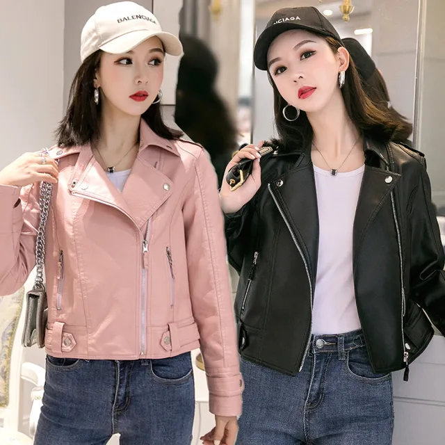 【CHACO】/預購/女春秋經典率性翻領短版皮衣夾克外套#py04(PU 皮衣 夾克 女外套 機車 春秋)