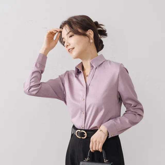 【MYDRESS】緞面質感V領金釦襯衫