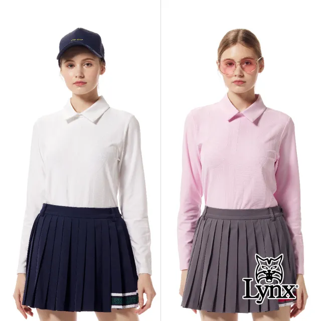 【Lynx Golf】首爾高桿風格!女款合身版吸排抗UV機能精美造型後拉鍊織帶設計長袖POLO衫/高爾夫球衫(二色)