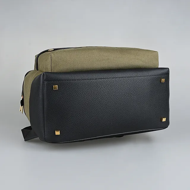 【BALLY】BALLY Bar經典燙印黑字LOGO帆布拼接牛皮拉鍊後背包(卡其綠)