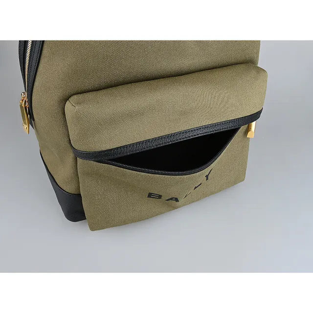 【BALLY】BALLY Bar經典燙印黑字LOGO帆布拼接牛皮拉鍊後背包(卡其綠)