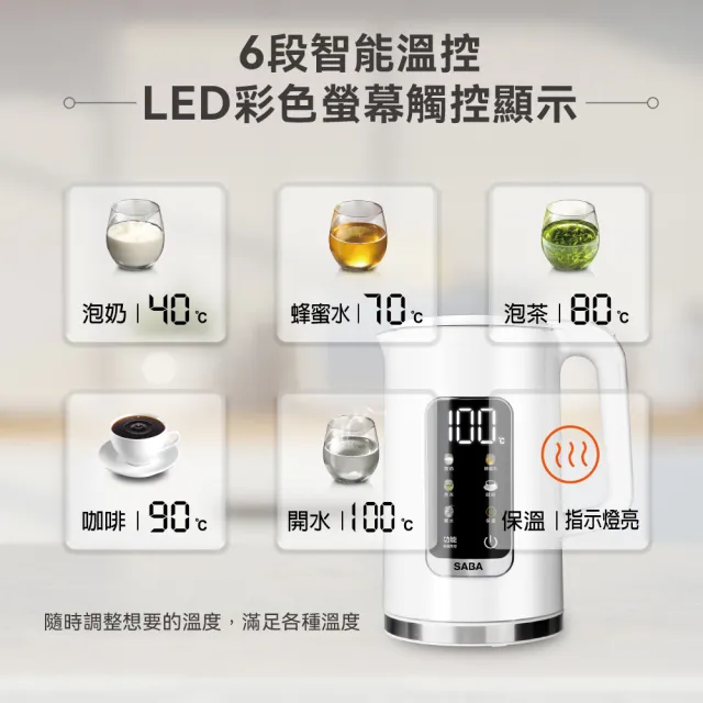 【SABA】1.7L 智能溫控快煮壺 SA-HK45 超大螢幕 快煮壺 雙層隔熱 大功率