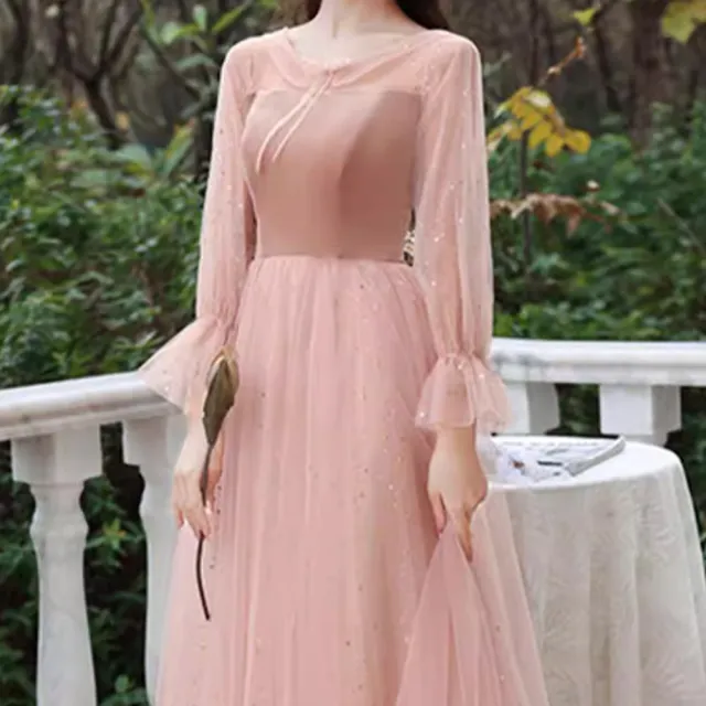 【MintAriel】晚宴婚禮派對晚會尾牙婚紗拍攝星空晚禮服/鋼琴表演/洋裝-霧粉(多層紗裙)