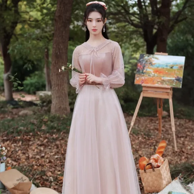 【MintAriel】晚宴婚禮派對晚會尾牙婚紗拍攝星空晚禮服/鋼琴表演/洋裝-霧粉(多層紗裙)