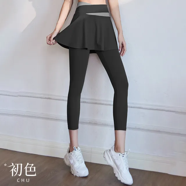 【初色】高腰提臀防走光彈力拼色假兩件九分褲瑜珈運動長褲顯瘦褲-共5色-37484(M-2XL可選)