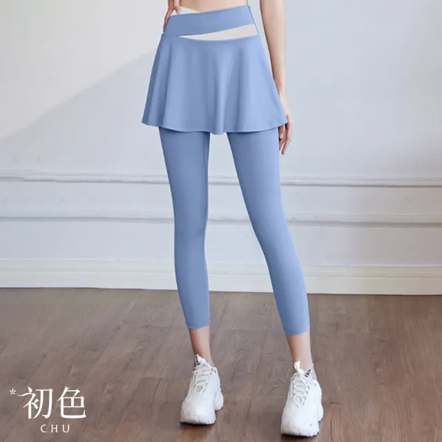 【初色】高腰提臀防走光彈力拼色假兩件九分褲瑜珈運動長褲顯瘦褲-共5色-37484(M-2XL可選)