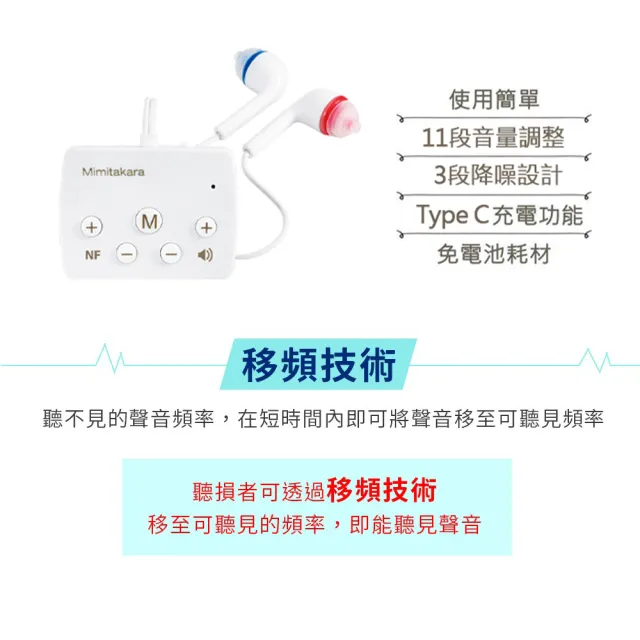 【Mimitakara 耳寶】藍牙充電口袋型助聽器 6KAA 白 五鍵版