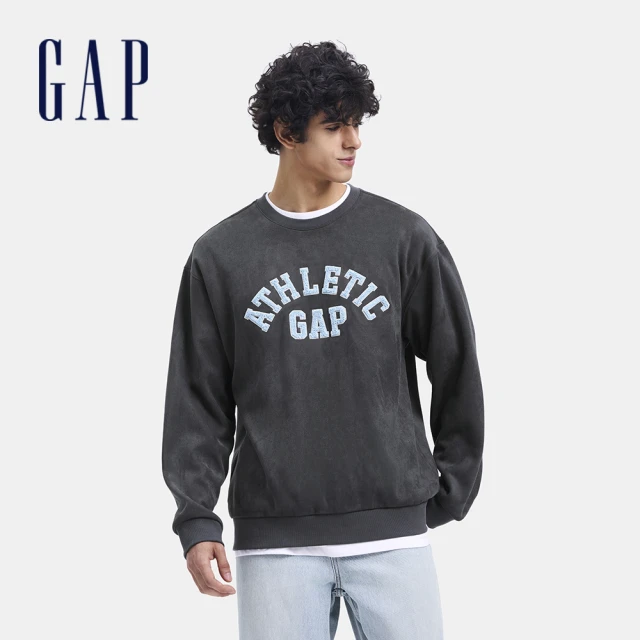 GAP 男裝 Logo刷毛圓領大學T 碳素軟磨系列-海軍藍(