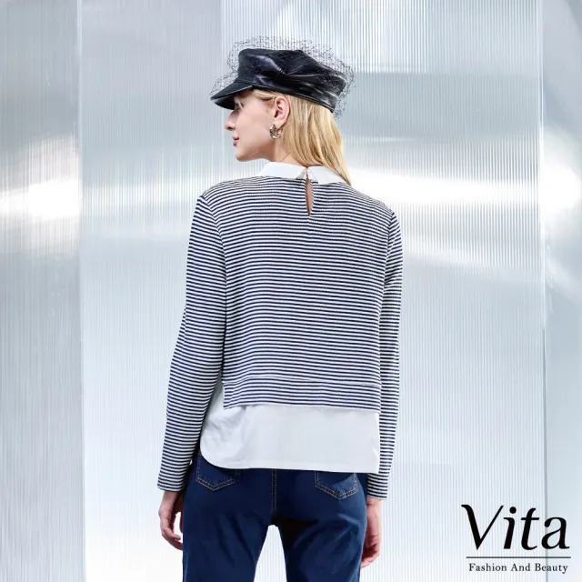 【MYSHEROS 蜜雪兒】VITA 棉質造型上衣 針織條紋假兩件 卡通刺繡徽章裝飾(白)
