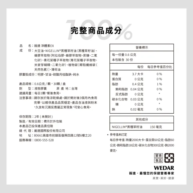 即期品【Wedar 薇達】淨體素EX 2盒組(30顆/盒.植物碳.蜂膠.黑種草籽.薄荷.促進新陳代謝.深層極淨)