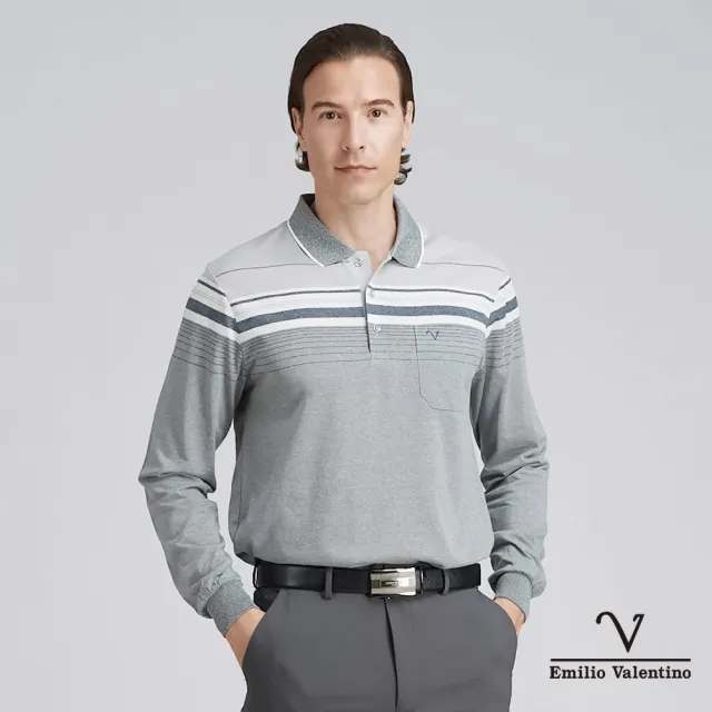 【Emilio Valentino 范倫鐵諾】男 長袖POLO衫 棉質舒適透氣 胸袋 polo衫 薄款 上衣 灰(21-4V8856)