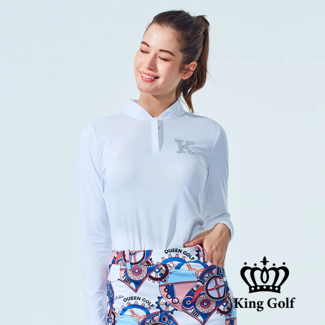 KING GOLF 網路獨家-女款素色立領拉鍊長袖上衣長袖POLO衫/高爾夫球衫(白色)