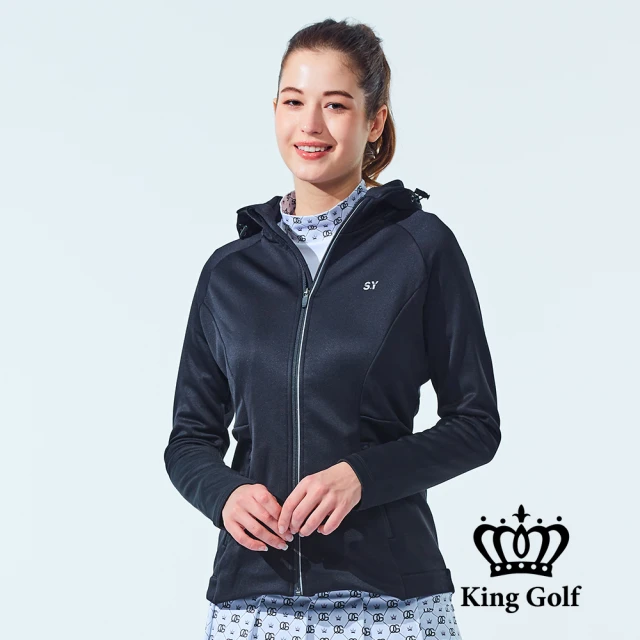 KING GOLF 網路獨家-女款修身素色百搭刷毛運動連帽外套(黑色)