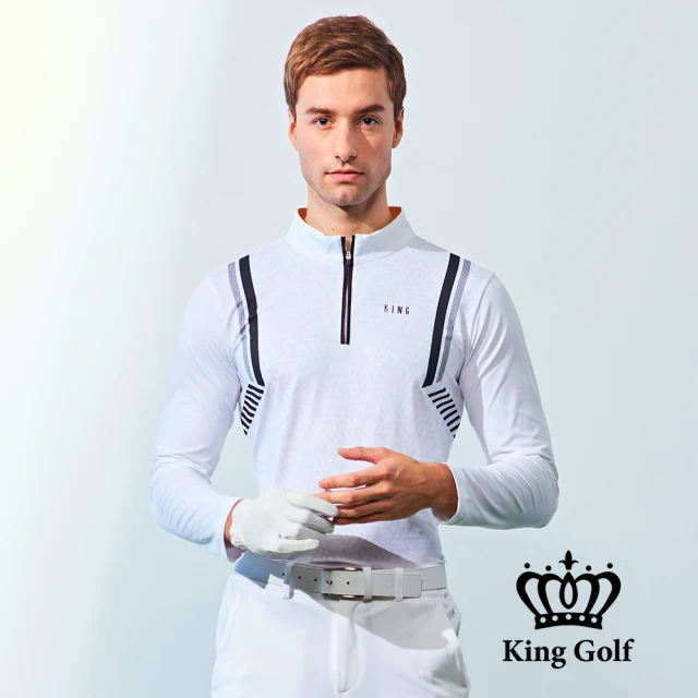 KING GOLF 網路獨家-男款線條感暗格印花立領拉鍊POLO衫/高爾夫球衫(白色)