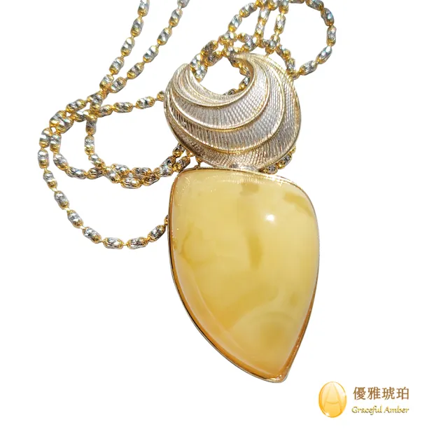 【優雅琥珀】來自波羅地海 含流紋之蜜蠟項鍊(彎月金銀設計 具鑑定證書)