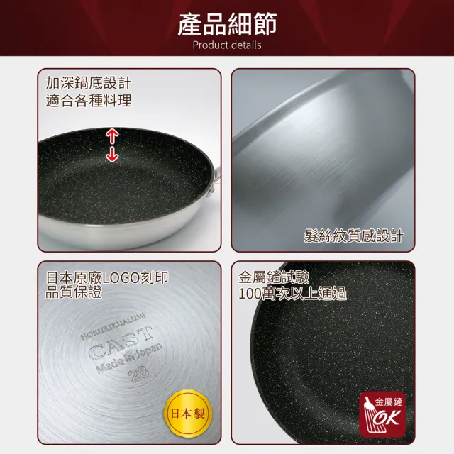 【hokua 北陸鍋具】日本製大金流光系列不沾平底鍋28cm含蓋(可用金屬鏟)