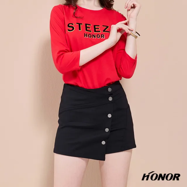 【HONOR 山形屋】出清品 不對稱側排釦短裙-黑/紅(限定出清)