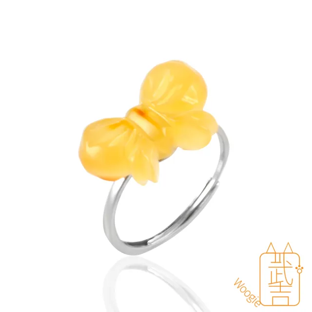 【Woogie武吉珠寶】琥珀蜜蠟手作蝴蝶結蜜蠟戒指(帶皮蜜蠟雕刻)