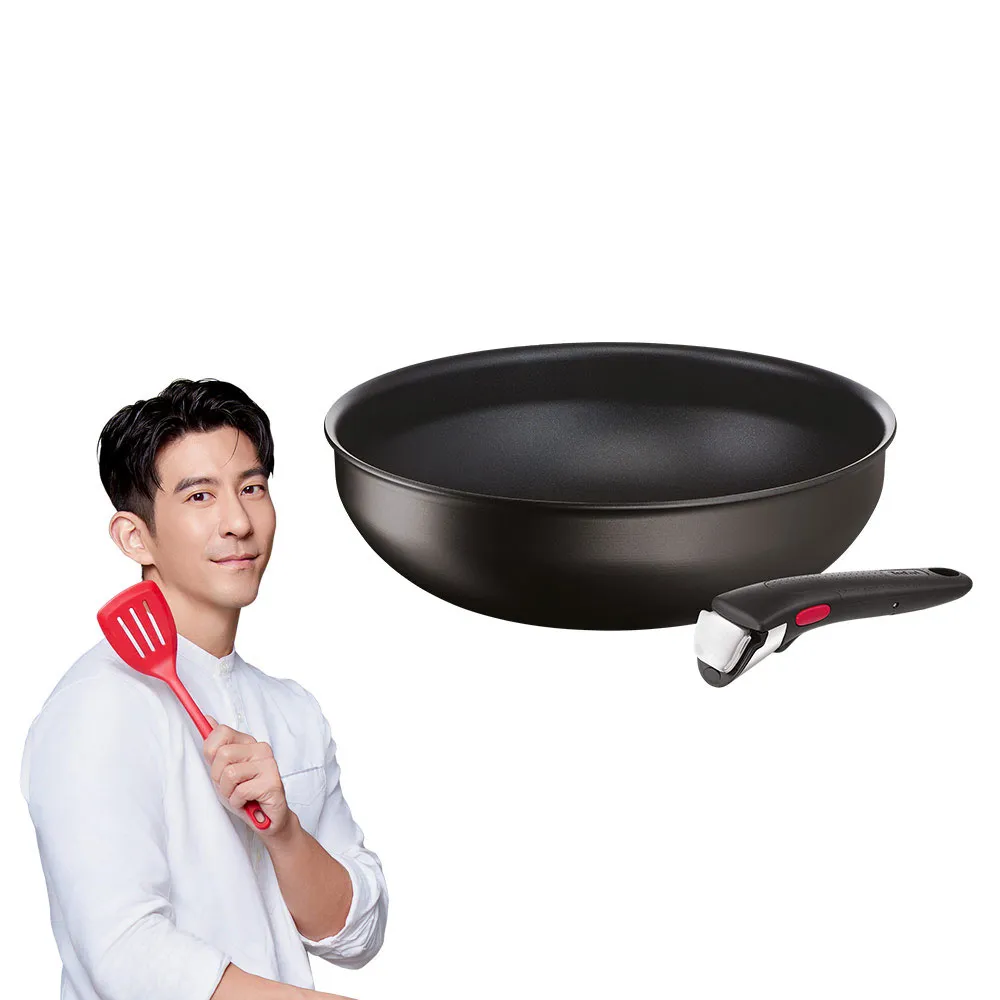 【Tefal 特福】法國製 巧變精靈系列可拆式不沾鍋2件組_28cm炒鍋＋可拆式把手_酷黑(IH爐可用鍋/電磁爐適用)