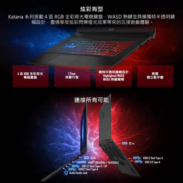 【MSI】17.3吋 i7 RTX4070-8G電競筆電(Katana 17/i7-13620H/16G/1TB SSD/W11/B13VGK-1257TW)黑神話悟空適用