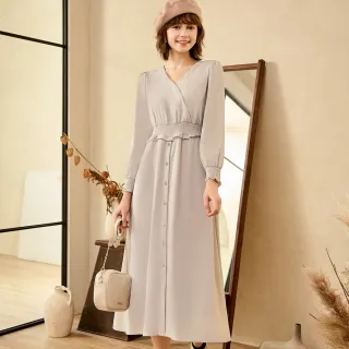 【H2O】V領木耳邊長洋裝(#4634002 連身洋裝 灰色/粉色)