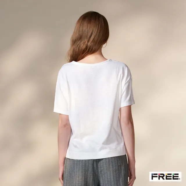 【FREE】有機棉拼接雙層細捲圓領上衣(本白)